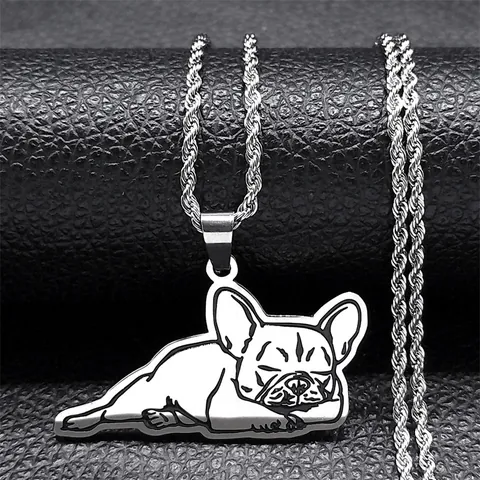 Stainless Steel French Bulldog Pendant Necklace Minimalist Sleeping Dog Silver Color Rope Chain Jewelry For Pet Lovers Unisex
