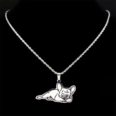 Stainless Steel French Bulldog Pendant Necklace Minimalist Sleeping Dog Silver Color Rope Chain Jewelry For Pet Lovers Unisex