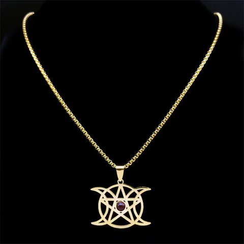 Collier Pendentif Pentagramme Triple Lune en Acier Inoxydable Or Pierre Rouge Géométrie Sacrée Déesse Bijoux Occultes pour Femmes Hommes Chaîne Vénitienne 60cm