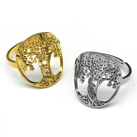Tree of Life Hollow Out Heart Stainless Steel Ring For Women Vintage Minimalist Open Adjustable Round Family Tree Finger Ring Jewelry