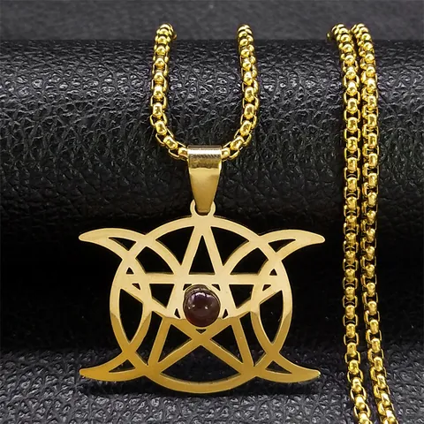 Collier Pendentif Pentagramme Triple Lune en Acier Inoxydable Or Pierre Rouge Géométrie Sacrée Déesse Bijoux Occultes pour Femmes Hommes Chaîne Vénitienne 60cm