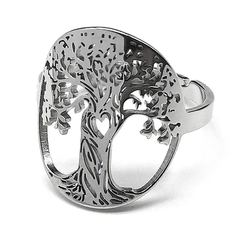 Tree of Life Hollow Out Heart Stainless Steel Ring For Women Vintage Minimalist Open Adjustable Round Family Tree Finger Ring Jewelry