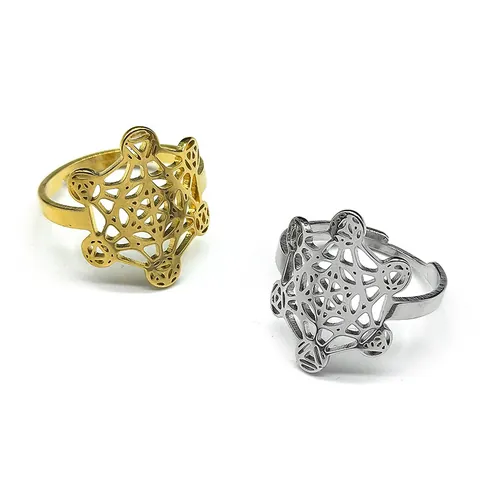Vintage Stainless Steel Open Ring Sacred Geometry Metatron Cube Hollow Flower Of Life Gold Silver Adjustable Finger Ring