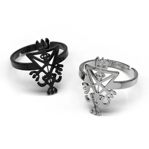 Gothic Stainless Steel Adjustable Open Ring Sigil Of Lucifer Lilith Hollow Out Mystical Geometric Punk Jewelry For Men Women