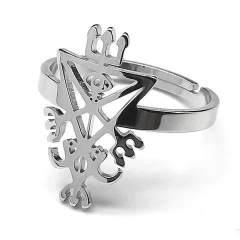Gothic Stainless Steel Adjustable Open Ring Sigil Of Lucifer Lilith Hollow Out Mystical Geometric Punk Jewelry For Men Women