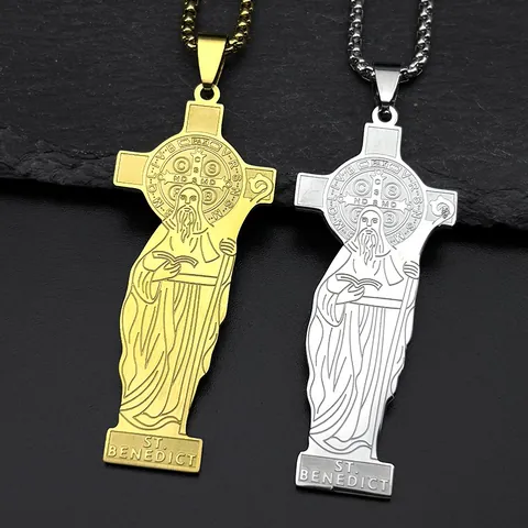Stainless Steel St Benedict Cross Pendant Necklace For Men Women Religious Amulet Medal Saint Benedict Box Chain Jewelry