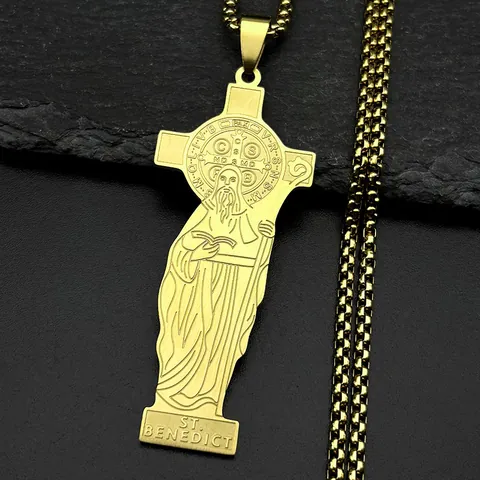 Stainless Steel St Benedict Cross Pendant Necklace For Men Women Religious Amulet Medal Saint Benedict Box Chain Jewelry