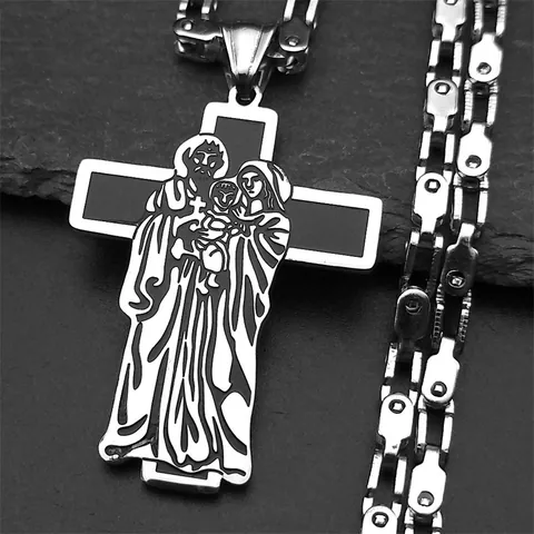 Vintage Stainless Steel Religious Cross Pendant Necklace Holy Family Maria Totem Industrial Mechanical Chain Jewelry Unisex