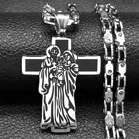 Vintage Stainless Steel Religious Cross Pendant Necklace Holy Family Maria Totem Industrial Mechanical Chain Jewelry Unisex