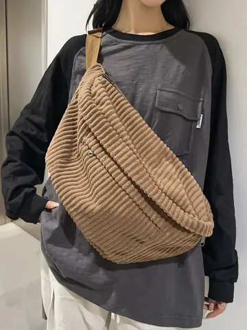 Large Capacity Corduroy Crossbody Bag For Women Men Casual Solid Color Chest Bag Adjustable Strap Street Style Waist Bag