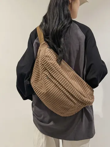 Large Capacity Corduroy Crossbody Bag For Women Men Casual Solid Color Chest Bag Adjustable Strap Street Style Waist Bag