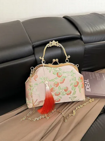 Borsa da Sera Vintage Cinese con Ricamo in Raso Chiusura a Scatto Manico in Metallo Catena Tracolla con Nappina per Donna