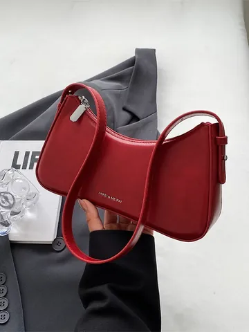 Women Vintage PU Leather Underarm Bag Minimalist Solid Color Crescent Shoulder Bag Fashion Commuting Handbag Baguette Tote