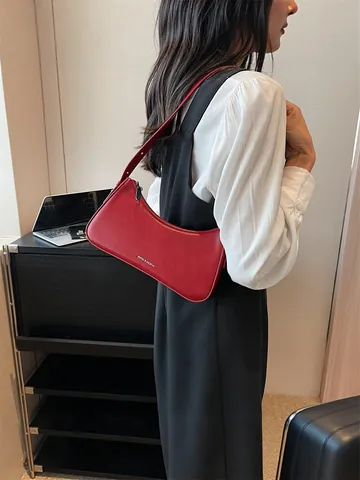 Women Vintage PU Leather Underarm Bag Minimalist Solid Color Crescent Shoulder Bag Fashion Commuting Handbag Baguette Tote