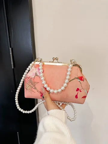 Borsa da Sera in Satin Stile Cinese Vintage da Donna Motivo Fiori e Uccelli Catena di Perle Chiusura a Scatto Elegante Borsa per Festa Matrimonio