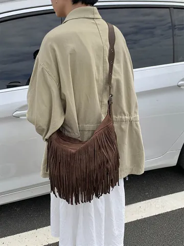 Bolso de Bandolera Bohemio de Cuero PU para Mujer Gran Capacidad Retro Flecos Bolso Hobo Correa Ajustable Bolso Diario
