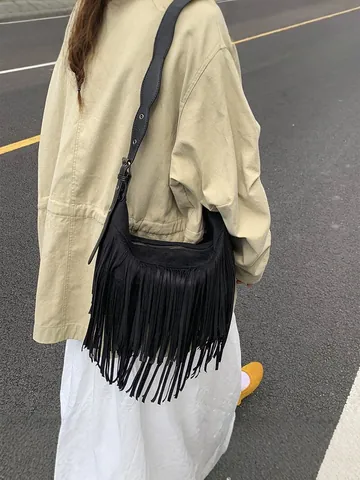 Bolso de Bandolera Bohemio de Cuero PU para Mujer Gran Capacidad Retro Flecos Bolso Hobo Correa Ajustable Bolso Diario