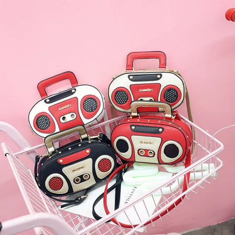 Bolso Bandolera de Cuero PU con Forma de Radio Creativa Vintage para Mujer Moda Remache Bloque de Color Bolso de Mano Cuadrado Pequeño Diario