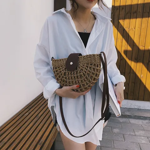 Borsa a Tracolla in Paglia Intrecciata a Mano Donna Estate Spiaggia Vacanza Borsa a Sella Con Patta in Pelle Borsa a Spalla