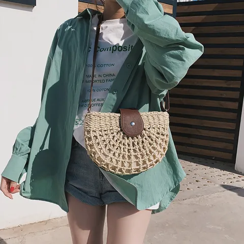 Borsa a Tracolla in Paglia Intrecciata a Mano Donna Estate Spiaggia Vacanza Borsa a Sella Con Patta in Pelle Borsa a Spalla