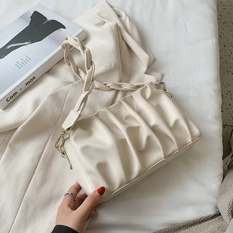 Damen Fashion Plissee PU Leder Cloud Bag Mit Geflochtenem Griff Gold Hardware Minimalistische Schultertasche Abendtasche