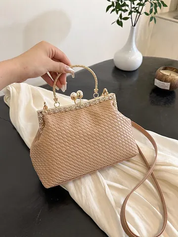 Women Woven Evening Clutch Bag Rhinestone Artificial Pearl Metal Handle Crossbody Bag Luxury Party Wedding Handbag Jewelry Decor Purse