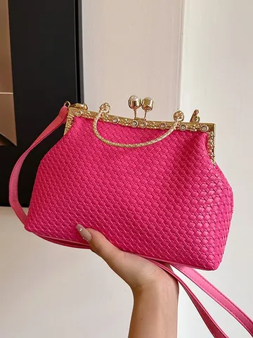 Women Woven Evening Clutch Bag Rhinestone Artificial Pearl Metal Handle Crossbody Bag Luxury Party Wedding Handbag Jewelry Decor Purse