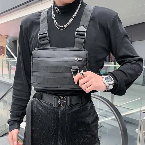 Streetwear Tactical Chest Rig Bag Canvas Nylon Techwear Adjustable MOLLE Vest Bag Camouflage Graffiti Small Crossbody Shoulder Bag