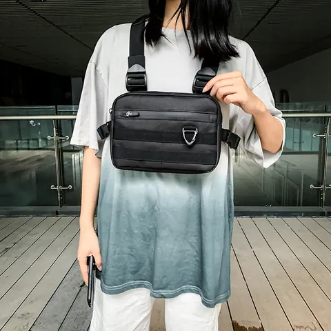 Streetwear Tactical Chest Rig Bag Canvas Nylon Techwear Adjustable MOLLE Vest Bag Camouflage Graffiti Small Crossbody Shoulder Bag
