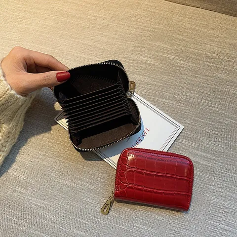 Porte-cartes Accordéon en Cuir PU à Motif Crocodile pour Femme Mini Portefeuille à Fermeture Éclair Étui à Cartes
