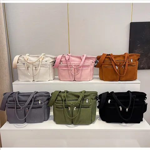 Women's Vintage Corduroy Tote Bag Large Capacity Casual Shoulder Crossbody Bag Multi Pocket Handbag Commuter Bag