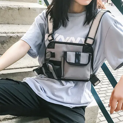 Techwear Reflective Chest Rig Bag Tactical Multi Pockets Streetwear Hip Hop Functional Vest Bag For Men Women Outdoor Sports