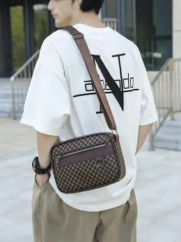 Men's Waterproof PU Leather Crossbody Bag Fashion Business Messenger Bag Multi-layer Large Capacity Shoulder Bag Casual Travel