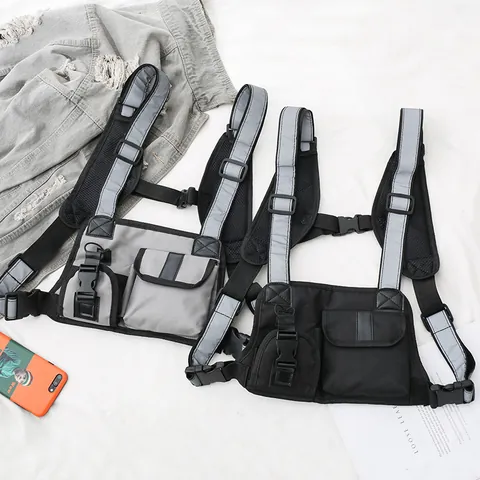 Techwear Reflective Chest Rig Bag Tactical Multi Pockets Streetwear Hip Hop Functional Vest Bag For Men Women Outdoor Sports