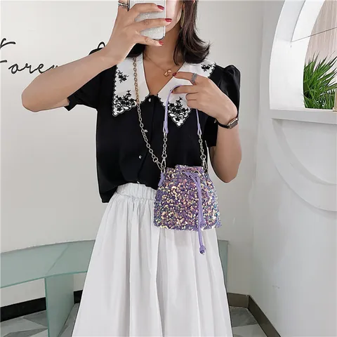 Women Sequin Bucket Bag Fashion Shiny Scale Texture Drawstring Shoulder Bag With Gold Chain Strap Casual Crossbody Handbag