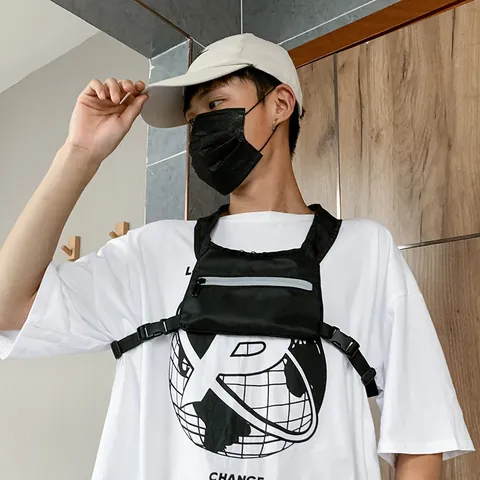 Streetwear Tactical Chest Rig Bag Men Women Techwear Nylon Mesh Reflective Multi-pocket Outdoor Running Vest Hip Hop Bag