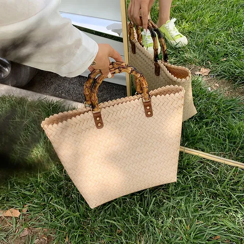 Vintage Straw Woven Tote Bag With Natural Bamboo Handle Large Capacity Summer Beach Handbag For Women Daily Travel