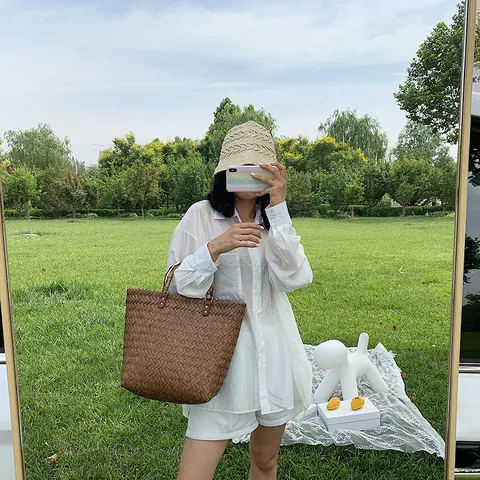 Vintage Straw Woven Tote Bag With Natural Bamboo Handle Large Capacity Summer Beach Handbag For Women Daily Travel