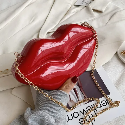 Creative Lip Shaped PU Leather Mirror Surface Crossbody Bag With Metallic Chain Strap For Women Party Evening Clutch Bag