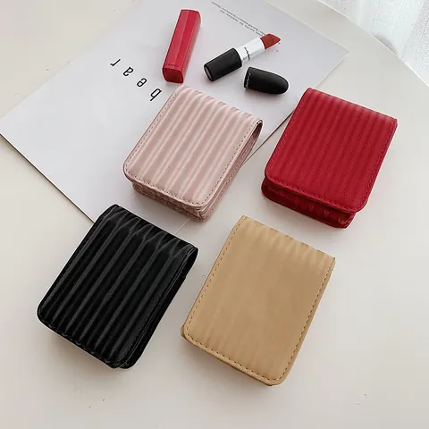Mini PU Leather Lipstick Organizer Bag With Mirror Portable Vertical Stripe Cosmetic Makeup Pouch For Women Travel Daily