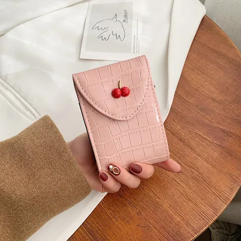 Women Crocodile Pattern PU Leather Wallet With Cute 3D Cherry Metal Buckle Mini Card Holder Coin Purse Fashion Small Bag