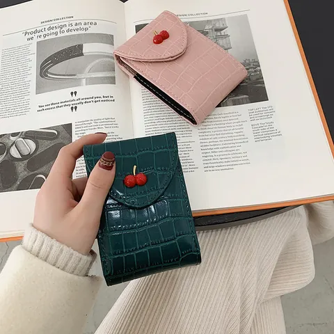 Women Crocodile Pattern PU Leather Wallet With Cute 3D Cherry Metal Buckle Mini Card Holder Coin Purse Fashion Small Bag