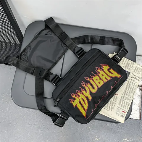 Streetwear Tactical Chest Rig Bag Flame Letter Print Camouflage Checkered Hip Hop Vest Bag For Men Women Oxford Cloth
