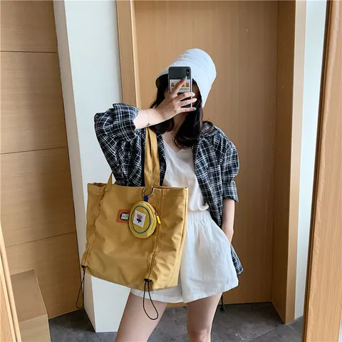 Large Capacity Women Canvas Tote Bag With Flower Embroidery Coin Purse Drawstring Casual Simple Shoulder Handbag For School Daily