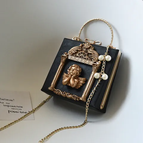 Baroque Vintage Women Box Bag PU Leather Angel Relief Artificial Pearl Chain Handbag Bow Rhinestone Lock Crossbody Bag Party Jewelry