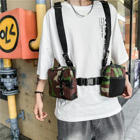 Men Tactical Chest Rig Bag Oxford Streetwear Functional Double Pouch Harness Bag Adjustable Shoulder Sling Crossbody Bag For Outdoor Travel
