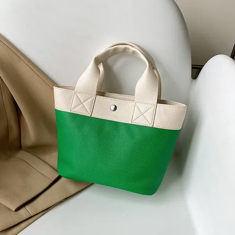 Women Contrast Color PU Leather Tote Bag Litchi Texture Small Handbag With Magnetic Snap Closure Daily Commuting Shoulder Bag