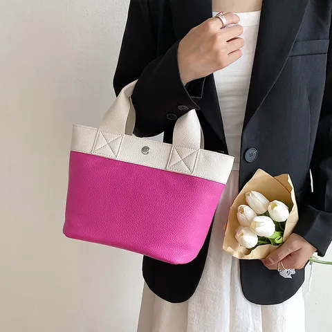 Women Contrast Color PU Leather Tote Bag Litchi Texture Small Handbag With Magnetic Snap Closure Daily Commuting Shoulder Bag