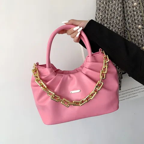 Women Pleated Cloud Shoulder Bag PU Leather Gold Chain Decoration Minimalist Crossbody Bag For Daily Commute Fashion Handbag