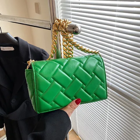 Women Padded Weave PU Leather Shoulder Bag Gold Thick Chain Strap Quilted Crossbody Bag Daily Party Fashion Handbag